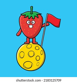 Cute cartoon Strawberry character standing on the moon with flag in flat modern design