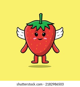Cute cartoon strawberry character wearing wings in modern style design