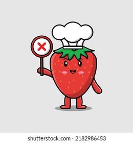 Cute cartoon strawberry chef character holding wrong sign board in vector character illustration