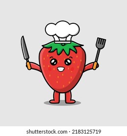 Cute cartoon strawberry chef character holding knife and fork in flat cartoon illustration