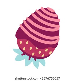 Cute cartoon strawberry covered with chocolate and swirl of glaze. Funny berry for love gift on date. Valentines day dessert mascot, cartoon romantic sweet strawberry present vector illustration