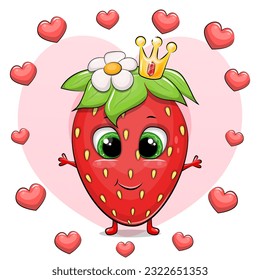 A cute cartoon strawberry with a crown stands in a heart frame. Vector illustration of a red berry on a pink background.