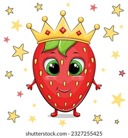Cute cartoon strawberry with a crown. Vector illustration of a red berry on a white background with stars.
