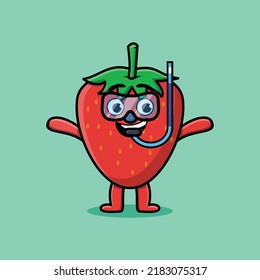 Cute cartoon strawberry diver with swimming glass in flat modern style design