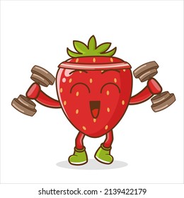 Cute cartoon strawberry is fitness with barbell. strawberry lifting the barbell character. cartoon mascot vector