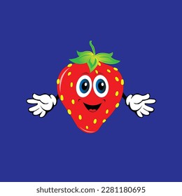 Cute cartoon strawberry. Cartoon fruit character set. Funny emoticon in flat style. Food emoji vector illustration