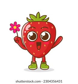 Cute cartoon strawberry fruit character holding flower