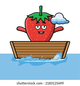 cute cartoon strawberry get on boat in vector character illustration