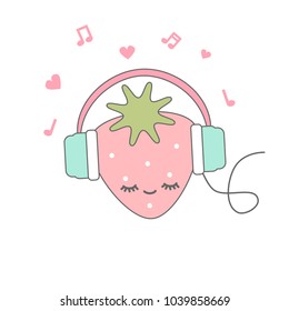 cute cartoon strawberry with headphone vector illustration
