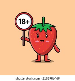 cute cartoon strawberry holding 18 plus sign board in vector character illustration