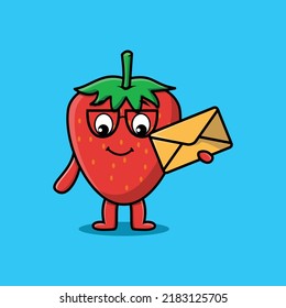 Cute cartoon strawberry holding envelope with cartoon vector illustration style
