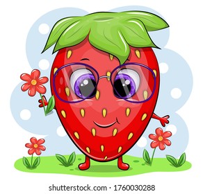 Cute cartoon strawberry holds a flower. Vector illustration of fruit isolated on white