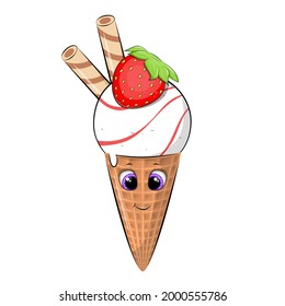 Cute cartoon strawberry ice cream. Vector illustration isolated on white background.
