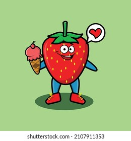 Cute Cartoon strawberry mascot holding ice cream cone cute modern style design for t-shirt, sticker, logo element