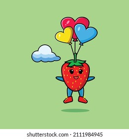 Cute cartoon Strawberry mascot is skydiving with balloon and happy gesture cute modern style design for t-shirt, sticker, logo element