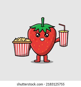 Cute cartoon strawberry with popcorn and drink ready to watching film in cinema vector illustration