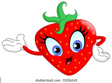 Cute cartoon strawberry presenting with her hand