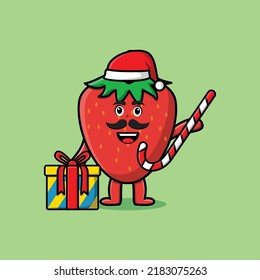 cute cartoon strawberry santa clause is bringing candy cane and boxes christmas illustration
