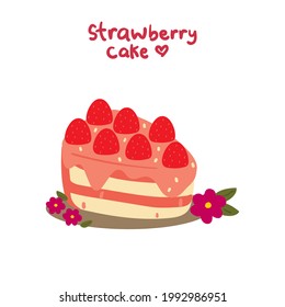 Cute cartoon strawberry slice cake with toppings. Simple vector for icon, logo, chat sticker, wallpaper
