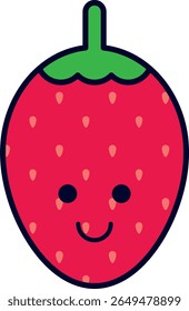 Cute cartoon strawberry with smiling face, green leafy top, and yellow seeds, designed in a playful style ideal for children’s content, stickers, or kawaii-themed visuals