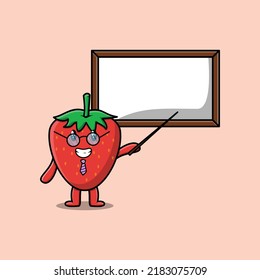 Cute cartoon strawberry teacher character teaching with whiteboard in flat cartoon style concept