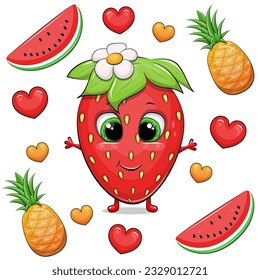 Cute cartoon strawberry with watermelon, pineapple and hearts. Summer vector illustration of a berry on a white background.