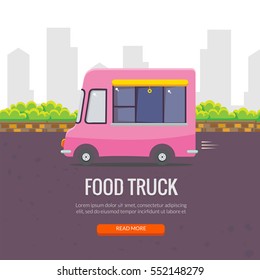 Cute cartoon street food vending truck vector banner