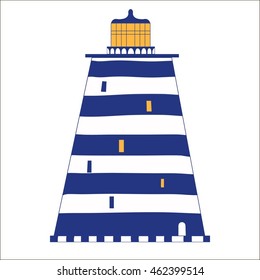 Cute cartoon striped lighthouse isolated on white background. Vector illustration. EPS 10. 