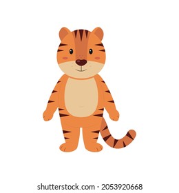 Cute cartoon striped little tiger cub. Children decor. New Year's symbol of 2022. Vector illustration in flat style isolated on a white background.