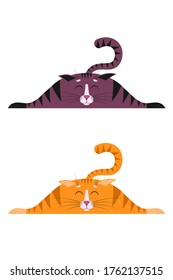 A cute cartoon striped red cat, kitty with eyes closed sleeps, lies on a flat surface with its paws spread out to the sides. Blank template for design, decoration. Two design options. Vector isolated