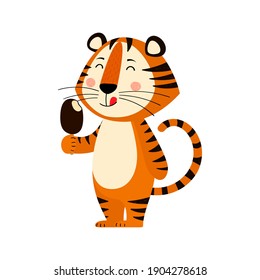 Cute cartoon striped red tiger. Tiger eats popsicle ice cream. Printing for children's T-shirts, greeting cards, posters. Hand-drawn vector stock illustration isolated on a white