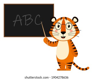 Cute cartoon striped red tiger. Tiger-teacher with pointer in his hand next to blackboard.Printing for children's greeting cards, posters. Hand-drawn vector stock illustration isolated on white