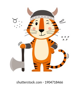 Cute cartoon striped red tiger. Tiger in a Viking suit and helmet with an axe. Printing for children's T-shirts, greeting cards, posters. Hand-drawn vector stock illustration isolated on a white