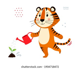 Cute cartoon striped red tiger. A tiger waters a plant with a watering can. Printing for children's T-shirts, greeting cards, posters. Hand-drawn vector stock illustration isolated on white background