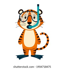 Cute cartoon striped red tiger. Tiger fins, mask for swimming with a tube. Printing for children's T-shirts, greeting cards, posters. Hand-drawn vector stock illustration isolated on a white