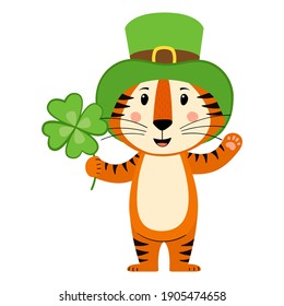 Cute cartoon striped red tiger. Tiger in leprechaun costume with four-leaf clover in his hand. Printing for children's T-shirts, greeting cards, posters. Hand-drawn vector stock illustration isolated
