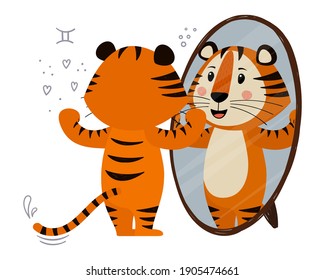 Cute cartoon striped red tiger. Tiger looks in the mirror. Printing for children's T-shirts, greeting cards, posters. Hand-drawn vector stock illustration isolated on a white