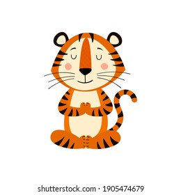 Cute cartoon striped red tiger. Tiger in yoga pose. Printing for children's T-shirts, greeting cards, posters. Hand-drawn vector stock illustration isolated on a white