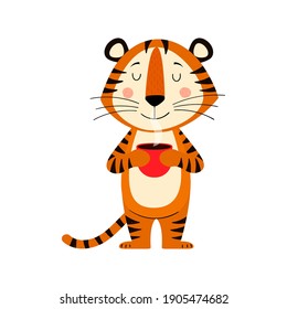 Cute cartoon striped red tiger. Tiger with cup of coffee or hot chocolate in his hands. Printing for children's T-shirts, greeting card, posters. Hand-drawn vector stock illustration isolated on white