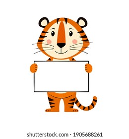 Cute cartoon striped red tiger. The tiger is holding an empty sheet of paper. Printing for children's T-shirts, greeting cards, posters. Hand-drawn vector stock illustration isolated on a white