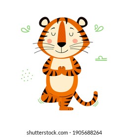 Cute cartoon striped red tiger. Tiger in yoga pose. Printing for children's T-shirts, greeting cards, posters. Hand-drawn vector stock illustration isolated on a white