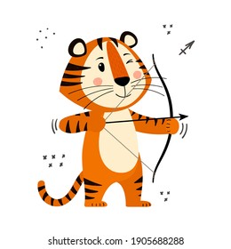 Cute cartoon striped red tiger. A tiger with a bow and arrow. Printing for children's T-shirts, greeting cards, posters. Hand-drawn vector stock illustration isolated on a white