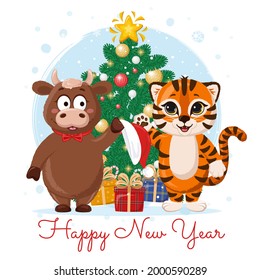 Cute cartoon striped red tiger with cute  bull. Funny baby tiger and bull with Christmas tree and gifts on winter background with snowflakes. Happy New Year.