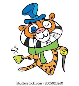 Cute cartoon striped red tiger in a hat.Hand-drawn children's vector illustration on a white isolated background for postcard banners