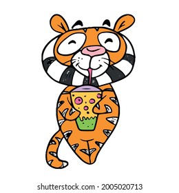 Cute cartoon striped red tiger holding a cocktail can.Hand-drawn children's vector illustration on a white isolated background for postcard banners
