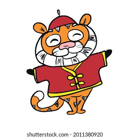 Cute cartoon striped red tiger in a cap and a suit. children's vector illustration on a white isolated background for banners.