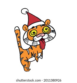 Reiner Cartoon gestreifter roter Tiger in einer Mütze, dessen Zunge sich herumhängt. Kindervektorgrafik auf weißem, isoliertem Hintergrund für Banner.
