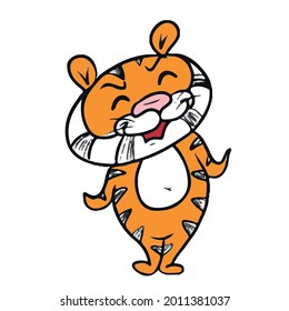 Cute cartoon striped red tiger giggles . children's vector illustration on a white isolated background for banners.