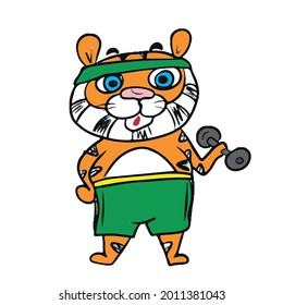 Cute cartoon striped red tiger is engaged in charging . children's vector illustration on a white isolated background for banners.