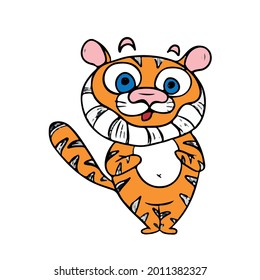 Cute cartoon striped red tiger is smiling .Hand-drawn children's vector illustration on a white isolated background for banners